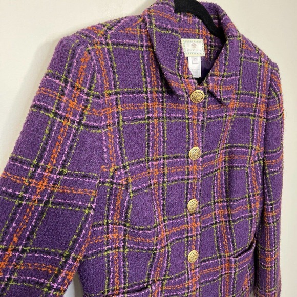 Vintage Susan Bristol Womens Purple Plaid Ornate Button Wool Jacket Size 12 - Picture 5 of 11